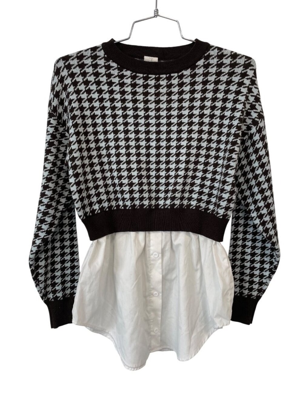 Joie Sweater Top XS Layered Houndstooth Crewneck Long Sleeve Black White Preppy